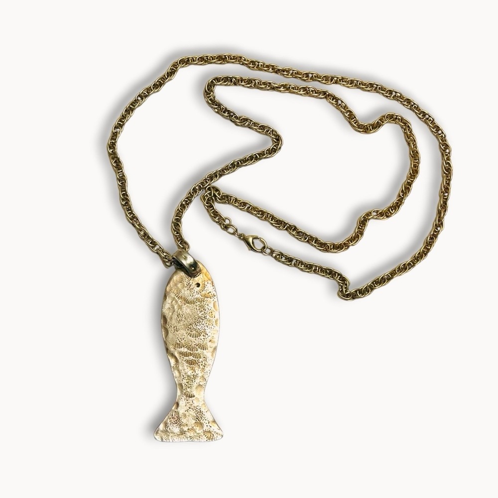 Vintage Fish Necklace Gold Tone Hammered 36" Chunky Chain